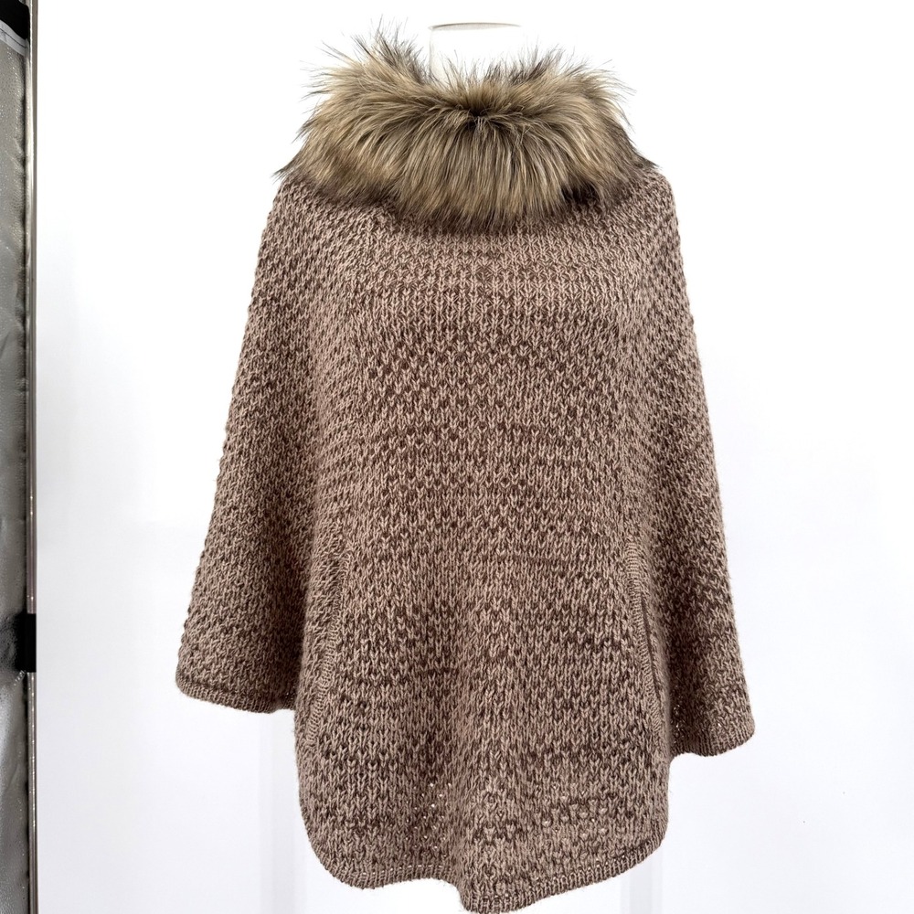 Steve Madden Womens Brown Faux Fur Collar Knit Poncho One Size NEW